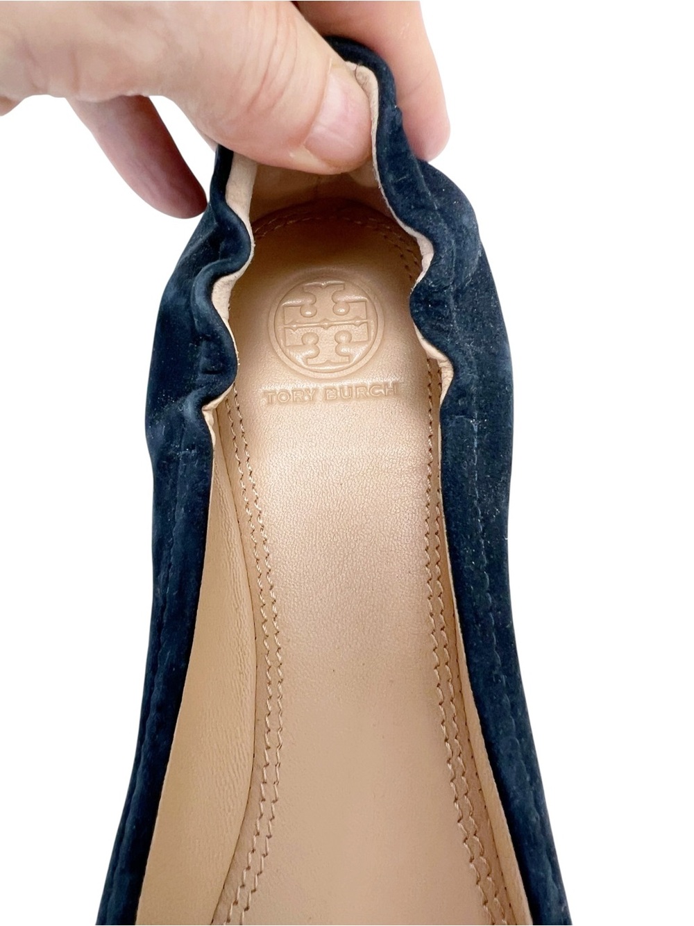 Tory Burch Sz 10 Bonneville Navy Suede Ballet Flats with Beaded Bow Round Toe - Picture 3 of 7